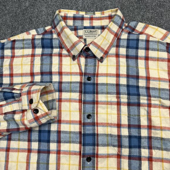 LL Bean Shirt Mens 2XL Plaid Flannel Slightly Fitted Blue Red Yellow Cotton - Picture 1 of 7